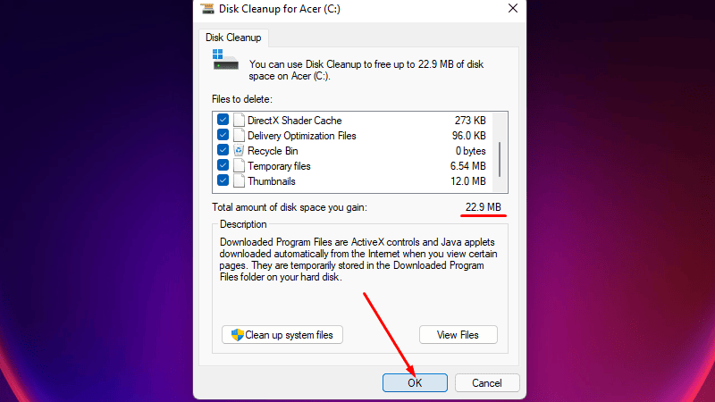 files to select for disk cleanup